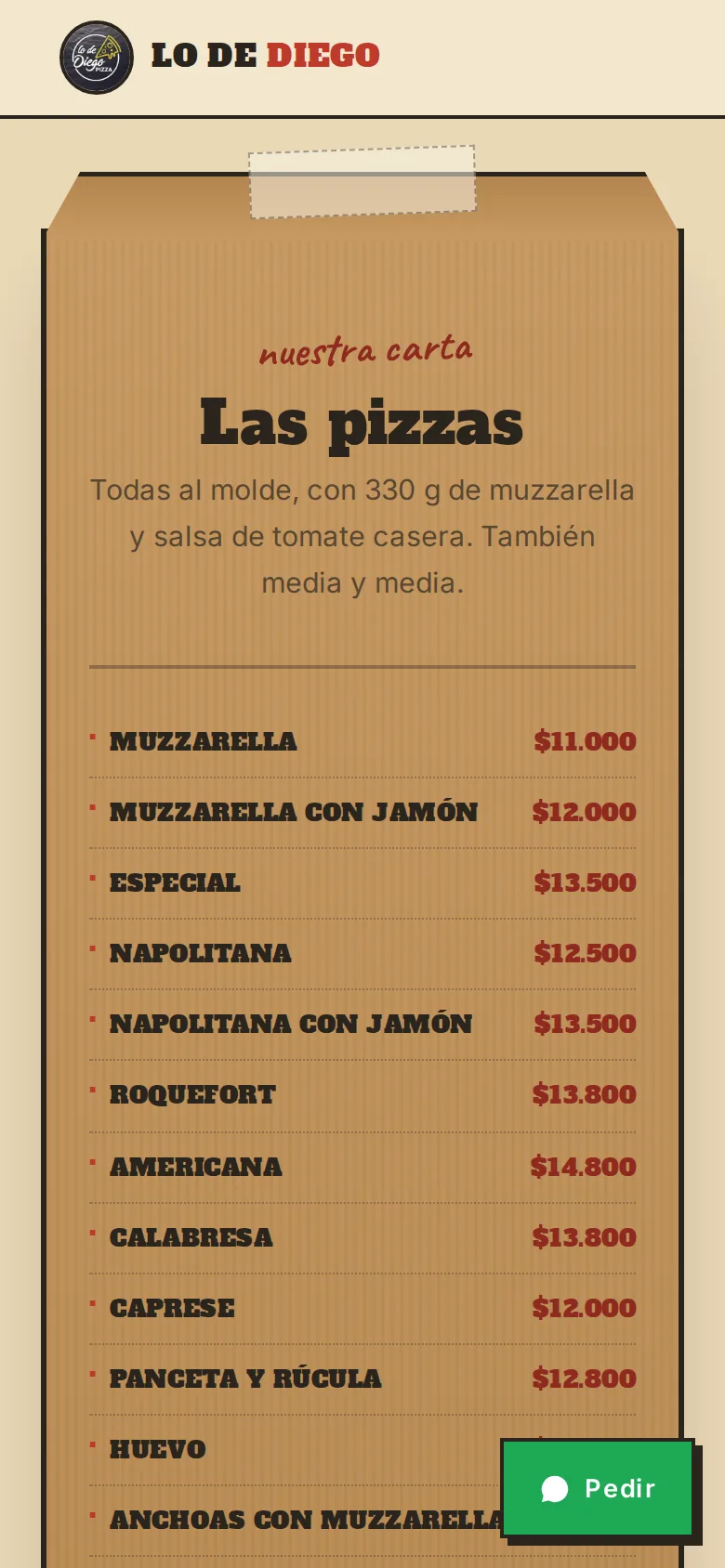 Carta de pizzas con precios en la página de Lo de Diego Pizza.