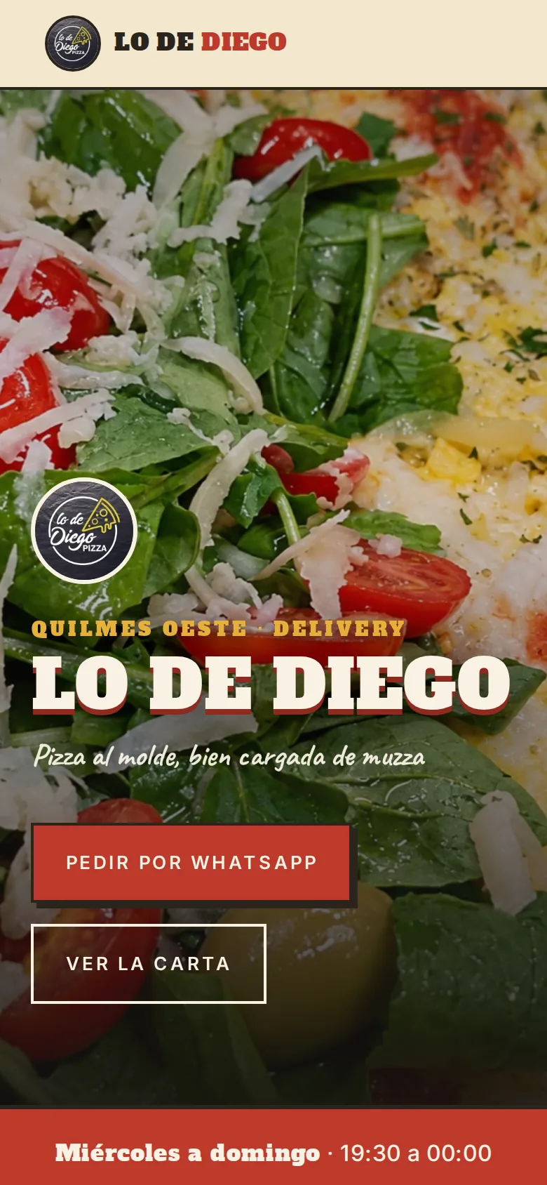 Portada de la página de Lo de Diego Pizza en un celular, con botón para pedir por WhatsApp.